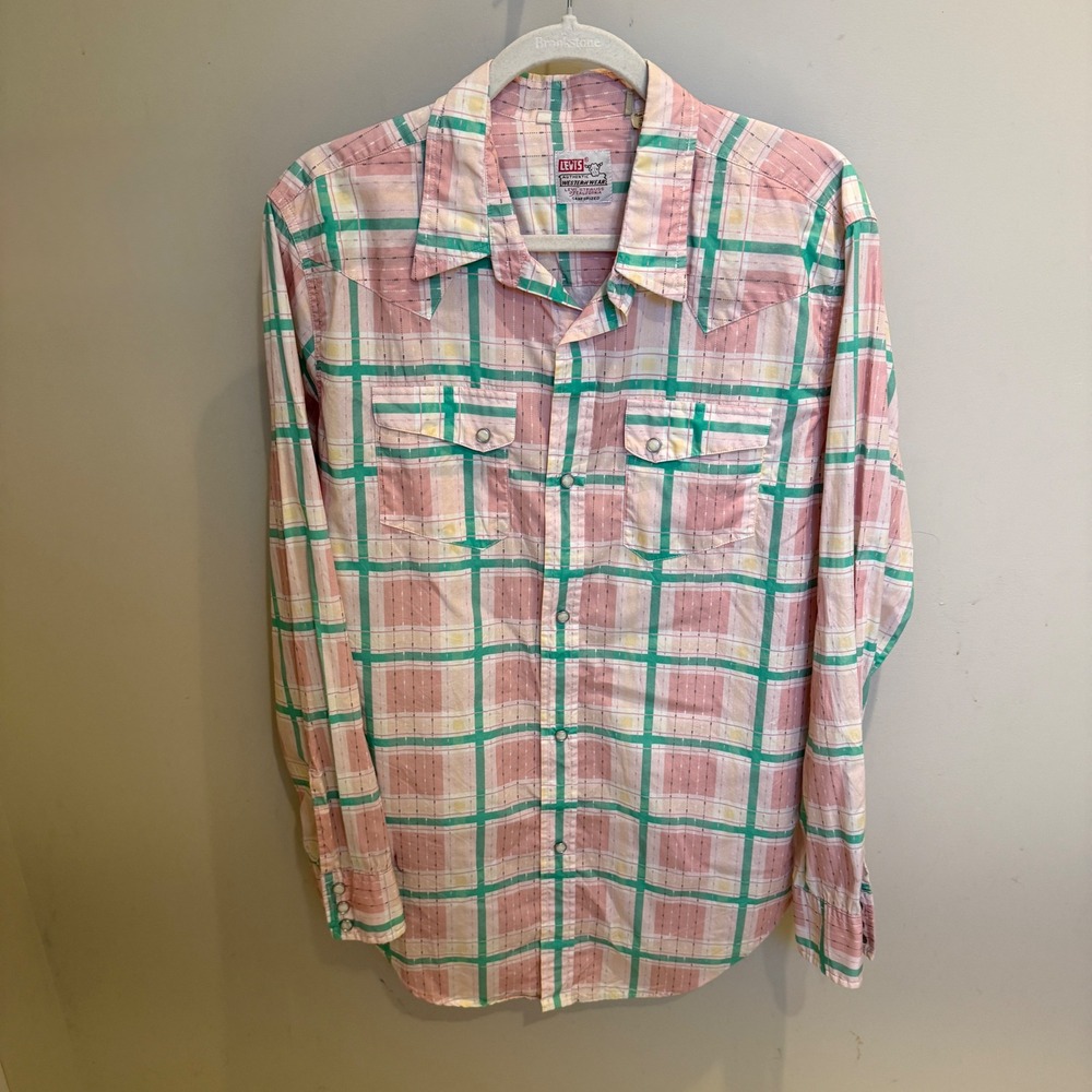 Levis Authentic Western Wear Plaid Pearl Snap Shirt Mens Large Pink Green